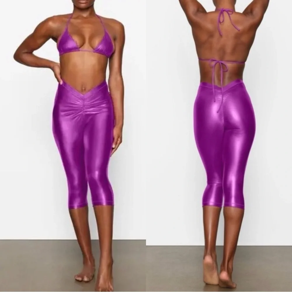 NWT SKIMS V Metallic Dragon Fruit High Rise Swim Leggings